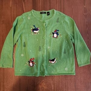 CRYSTAL-KOBE WOMEN'S PEGUINS SKIING GREEN CHRISTMAS SWEATER VEST SZ 2X BUTTON UP